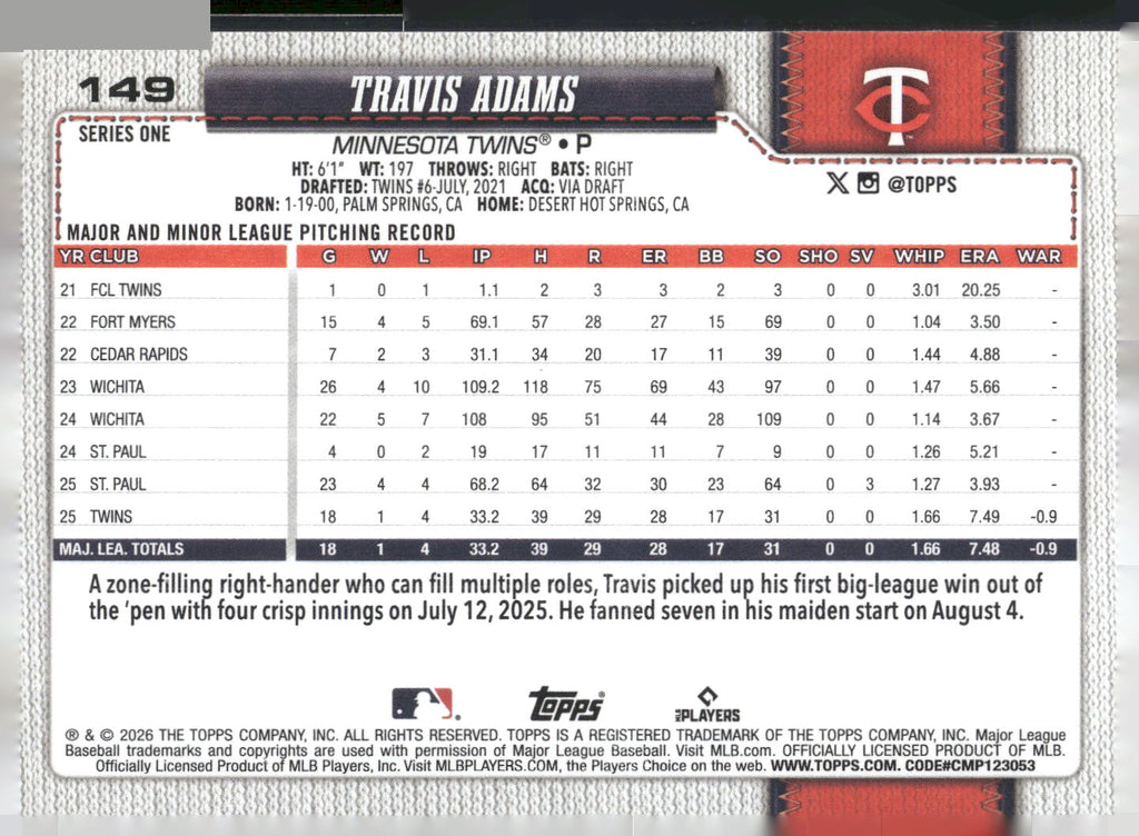 2026 Topps #149 Travis Adams