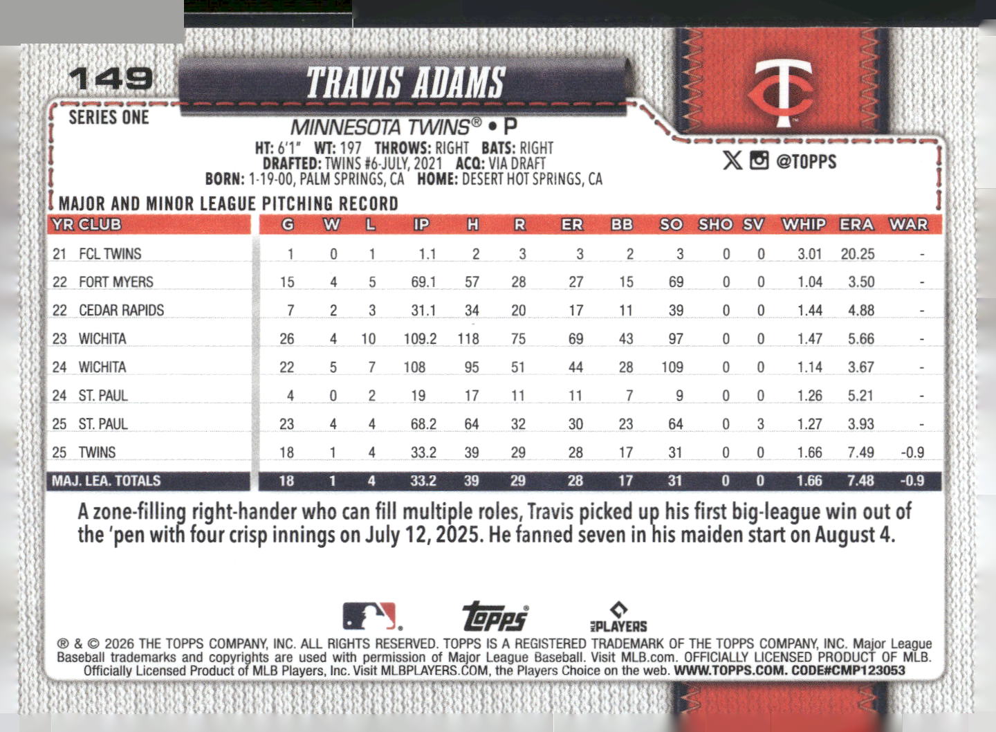 2026 Topps #149 Travis Adams