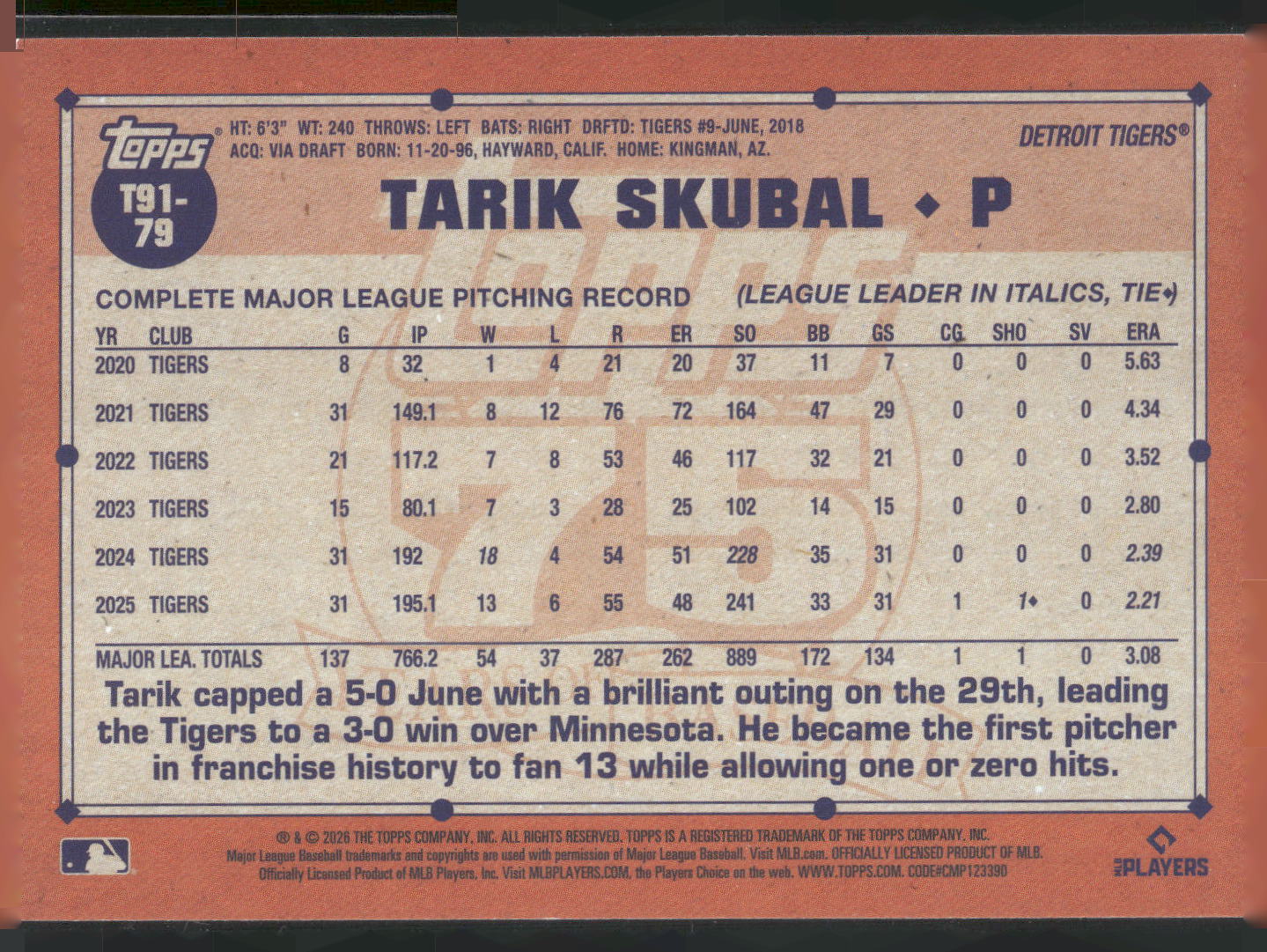 2026 Topps #T91-79 Tarik Skubal 1991 Topps Baseball 35th Anniversary