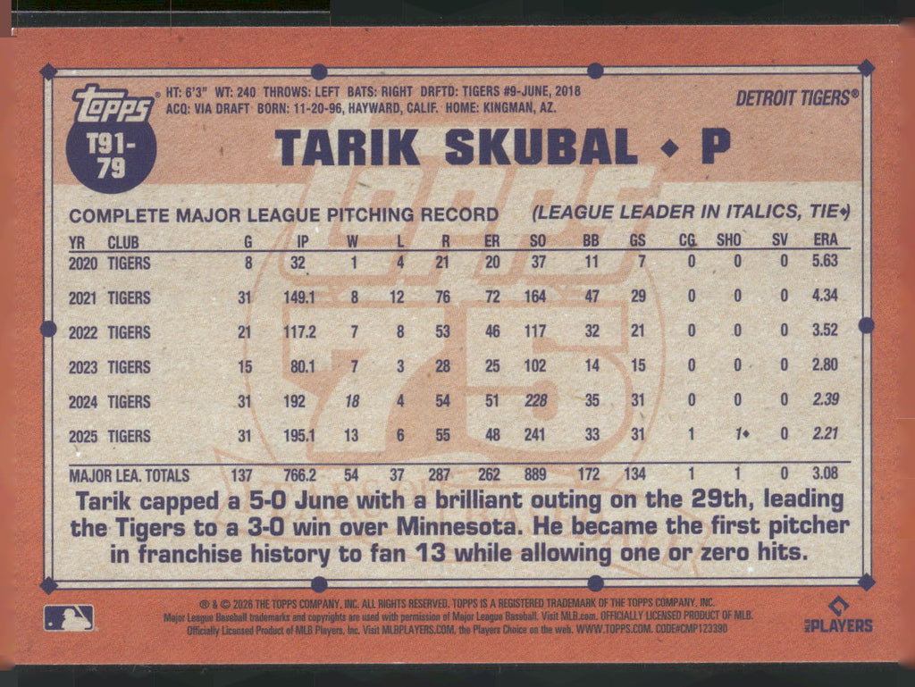 2026 Topps #T91-79 Tarik Skubal 1991 Topps Baseball 35th Anniversary