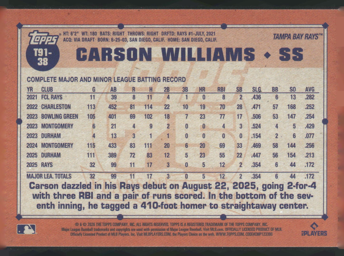 2026 Topps #T91-38 Carson Williams 1991 Topps Baseball 35th Anniversary