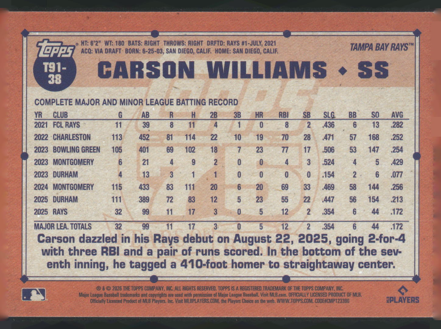 2026 Topps #T91-38 Carson Williams 1991 Topps Baseball 35th Anniversary