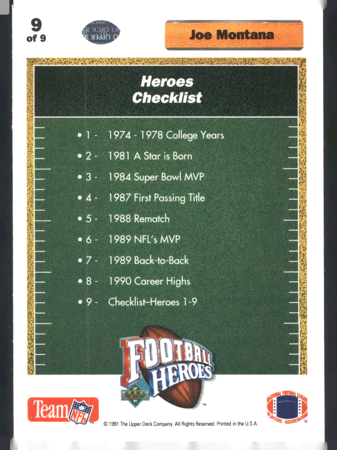 1991 Upper Deck #9 Joe Montana Football Heroes: Joe Montana