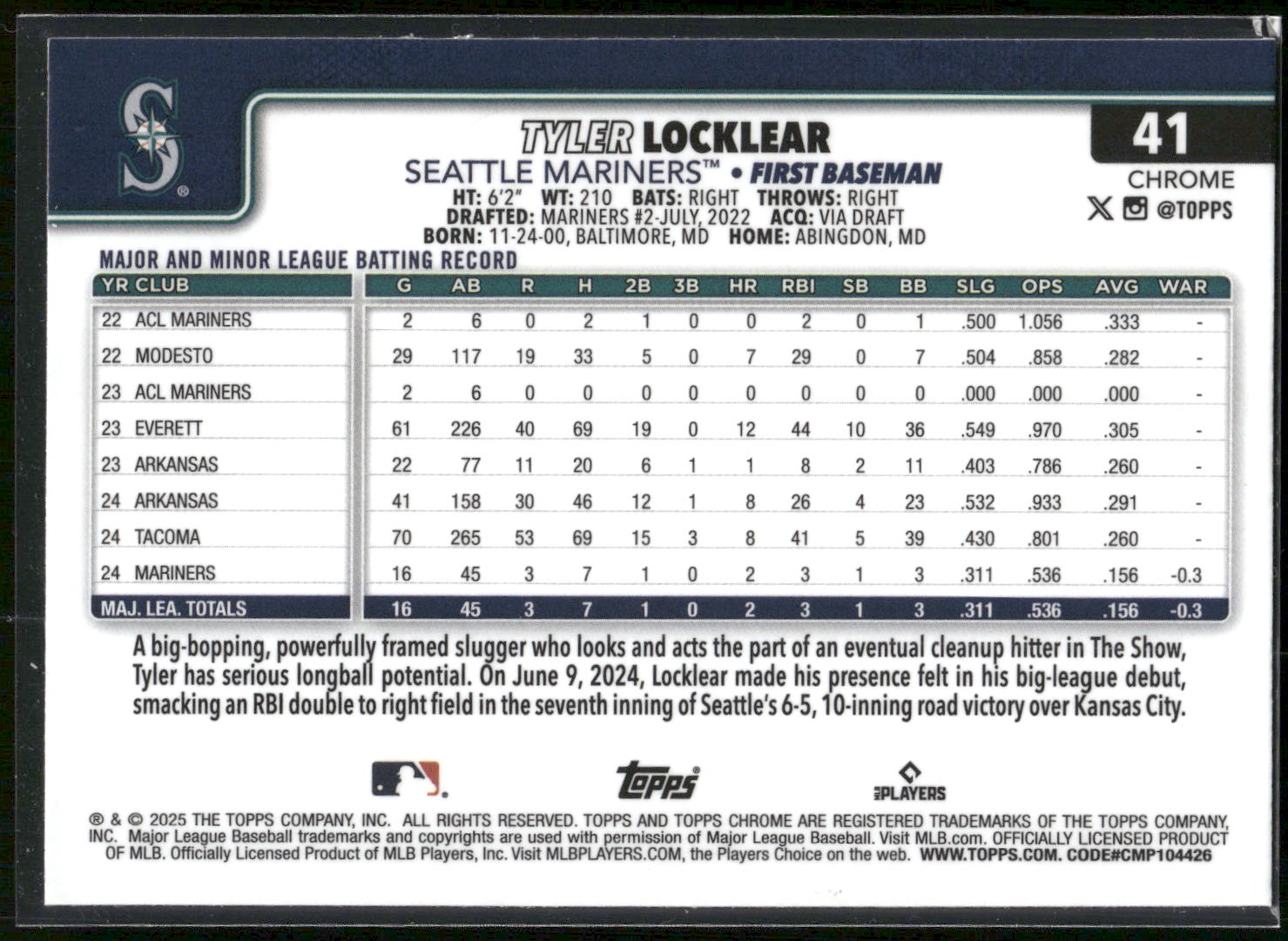 2025 Topps Chrome #41 Tyler Locklear