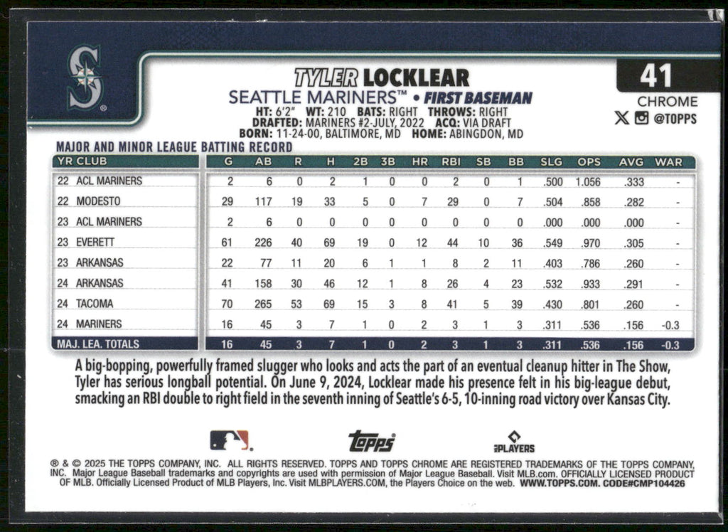 2025 Topps Chrome #41 Tyler Locklear