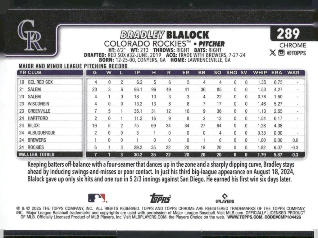 2025 Topps Chrome #289 Bradley Blalock