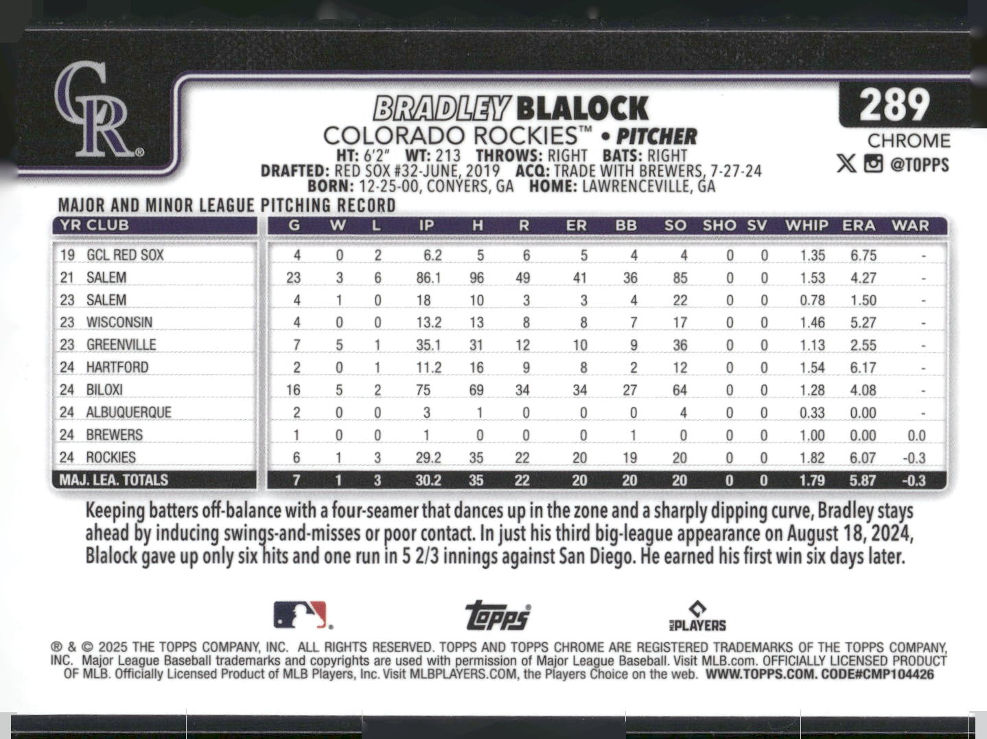2025 Topps Chrome #289 Bradley Blalock