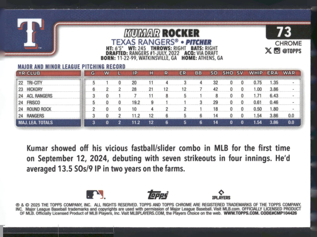 2025 Topps Chrome #73 Kumar Rocker