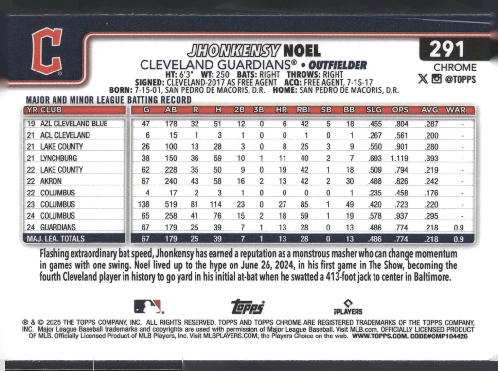 2025 Topps Chrome #291 Jhonkensy Noel