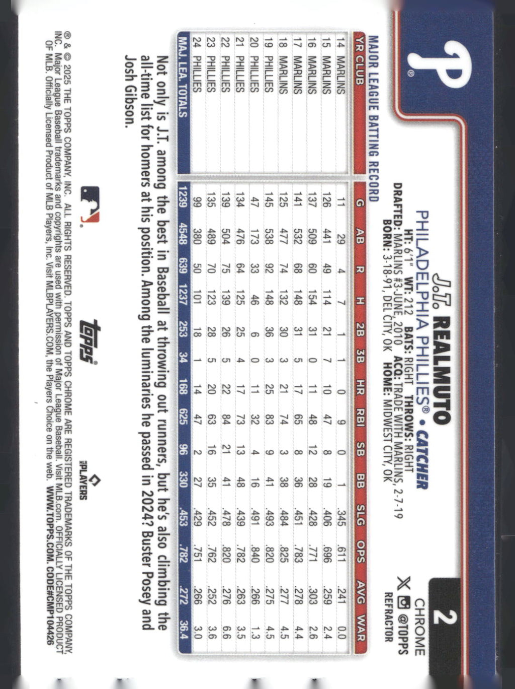 2025 Topps Chrome #2 J.T. Realmuto