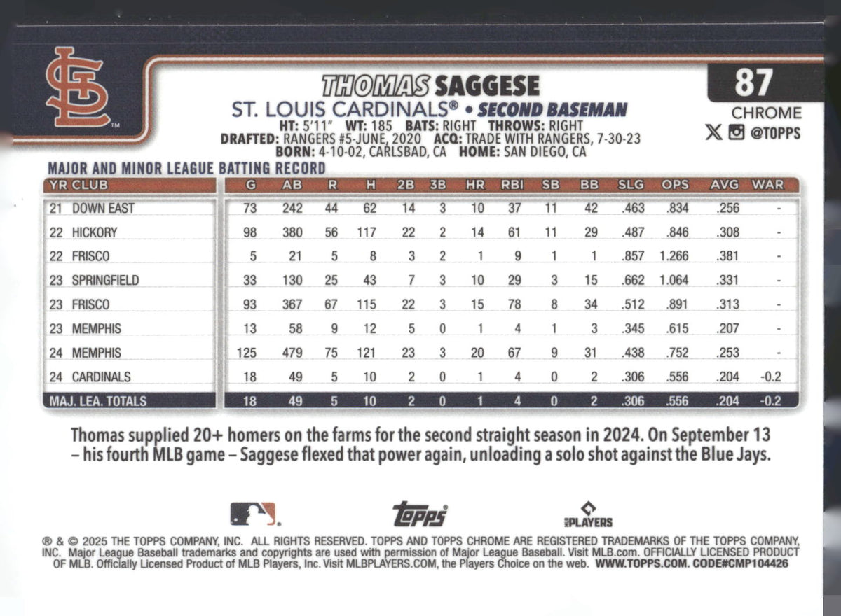 2025 Topps Chrome #87 Thomas Saggese