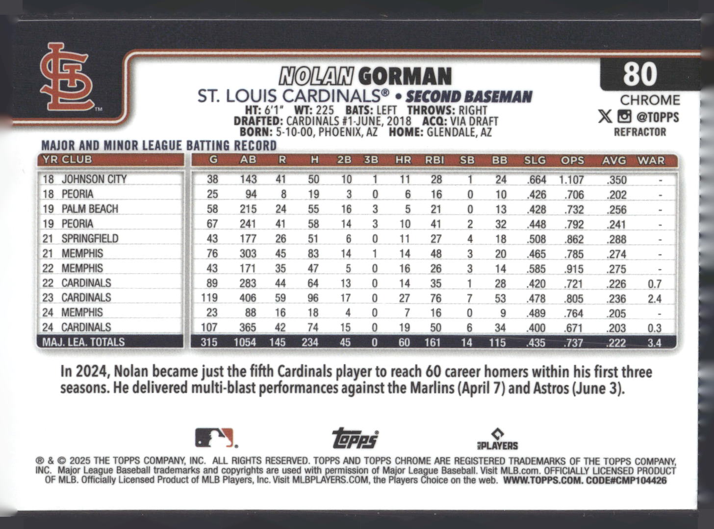 2025 Topps Chrome #80 Nolan Gorman Refractors