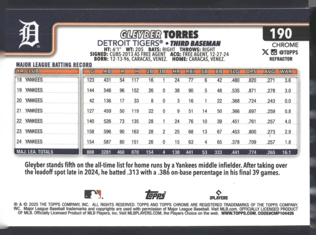 2025 Topps Chrome #190 Gleyber Torres Refractors