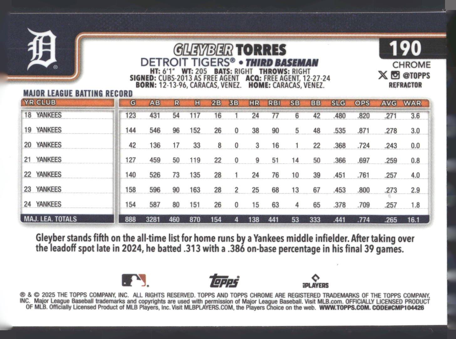 2025 Topps Chrome #190 Gleyber Torres Refractors