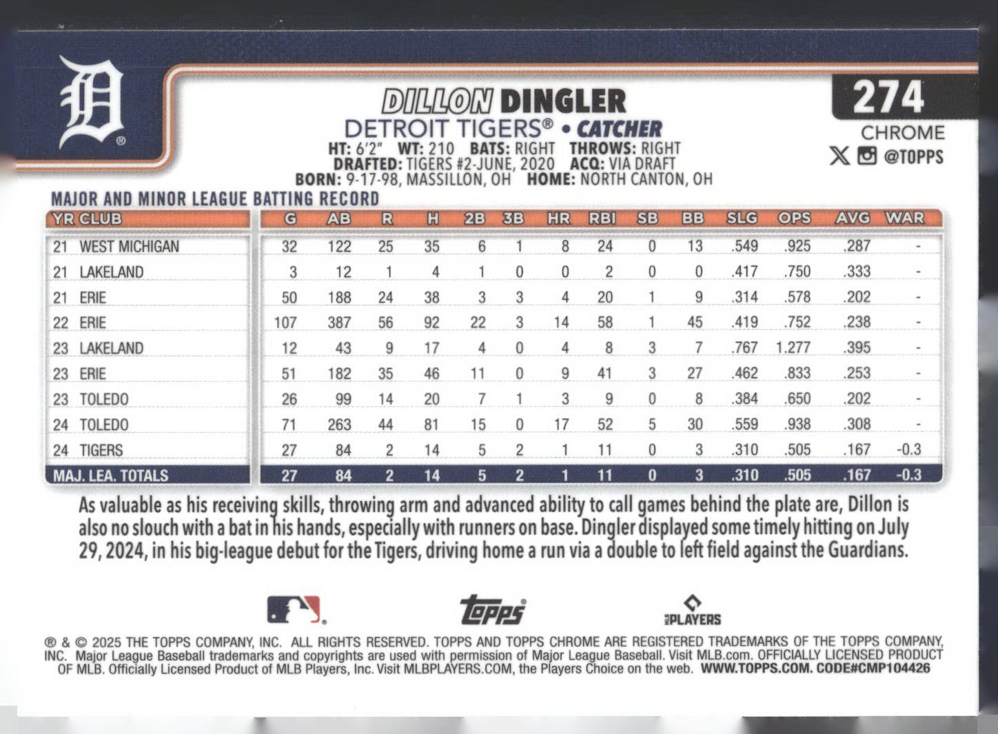 2025 Topps Chrome #274 Dillon Dingler