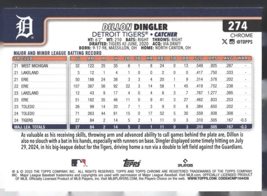 2025 Topps Chrome #274 Dillon Dingler