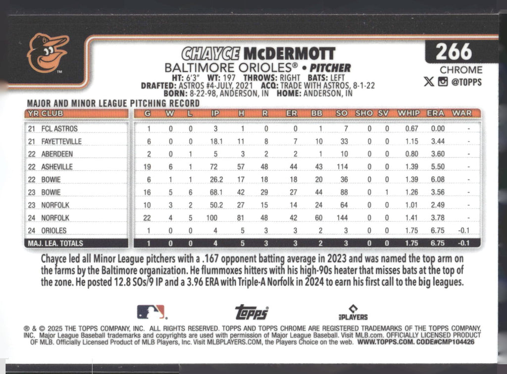 2025 Topps Chrome #266 Chayce McDermott
