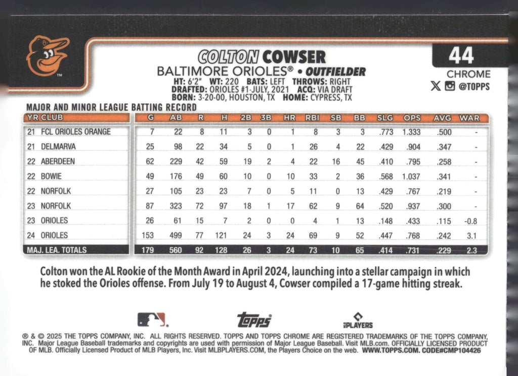 2025 Topps Chrome #44 Colton Cowser