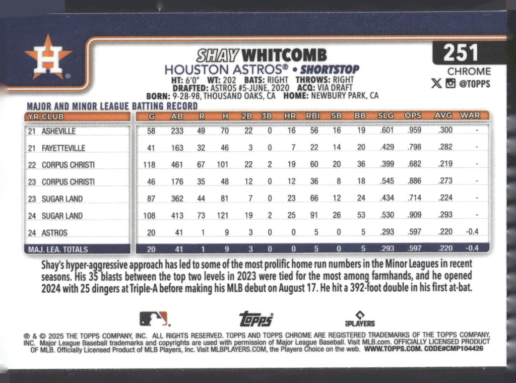 2025 Topps Chrome #251 Shay Whitcomb