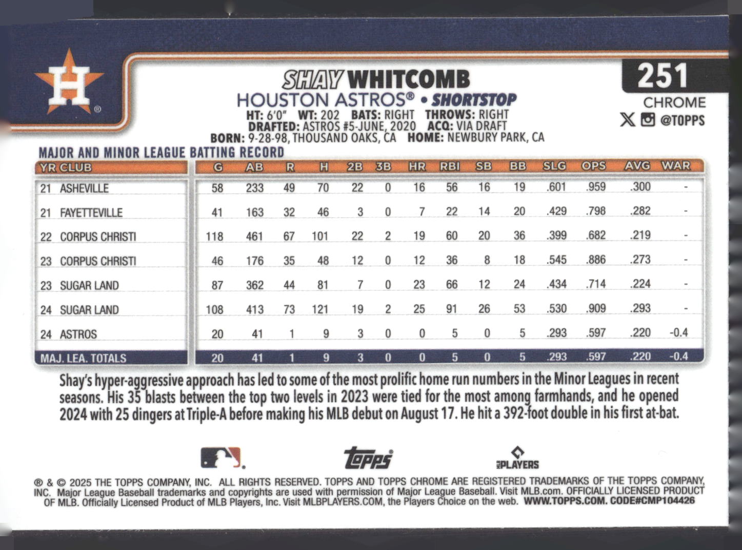 2025 Topps Chrome #251 Shay Whitcomb