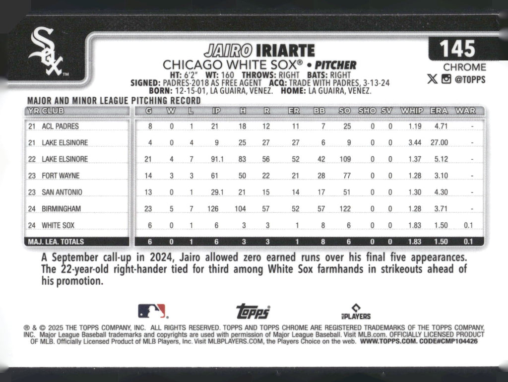 2025 Topps Chrome #145 Jairo Iriarte