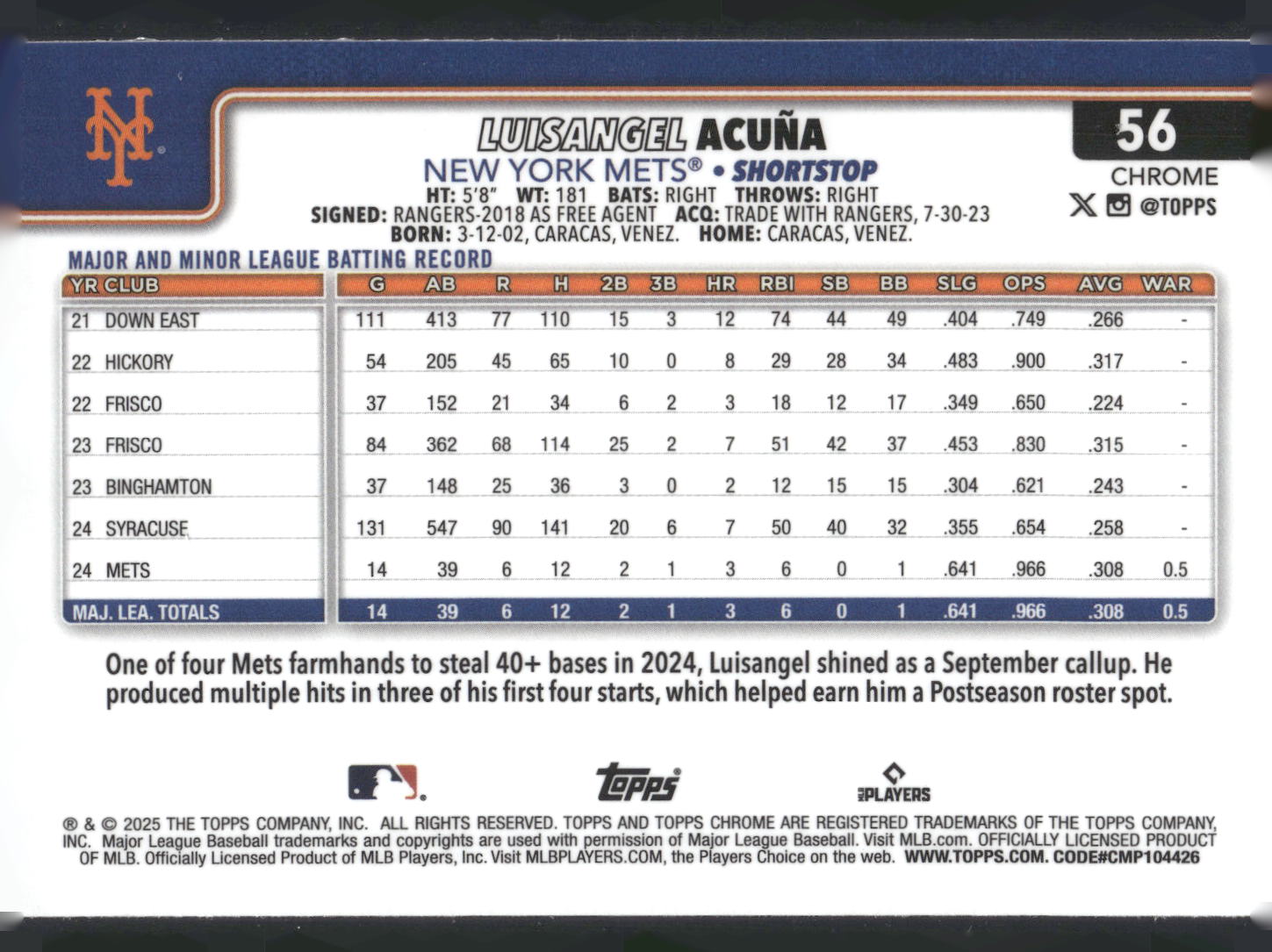 2025 Topps Chrome #56 Luisangel Acuña