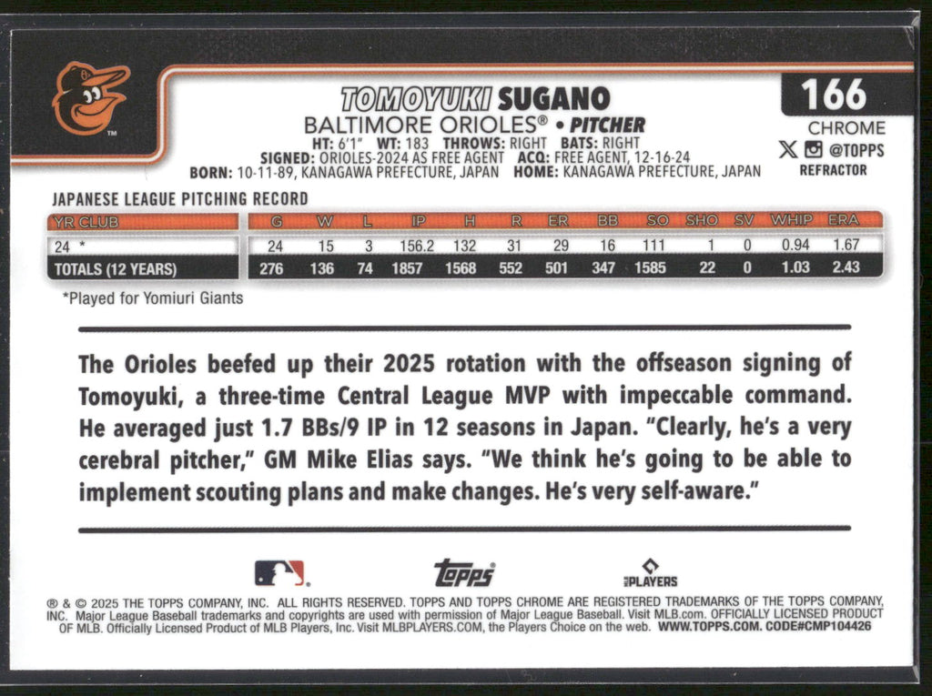 2025 Topps Chrome #166 Tomoyuki Sugano