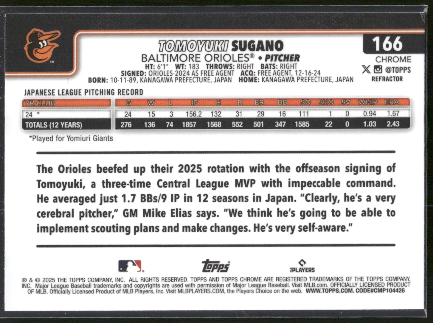 2025 Topps Chrome #166 Tomoyuki Sugano