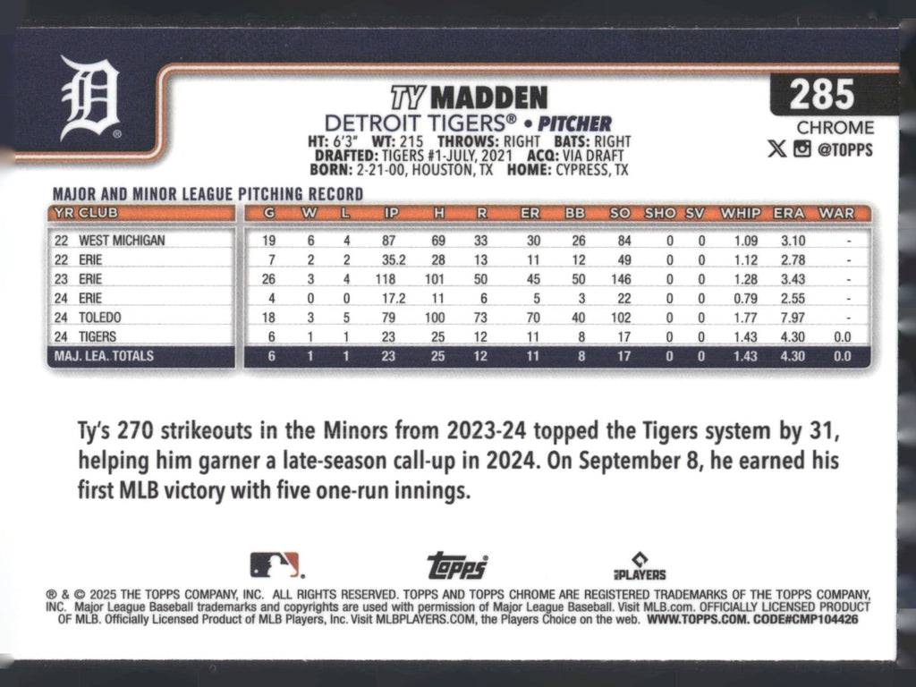 2025 Topps Chrome #285 Ty Madden