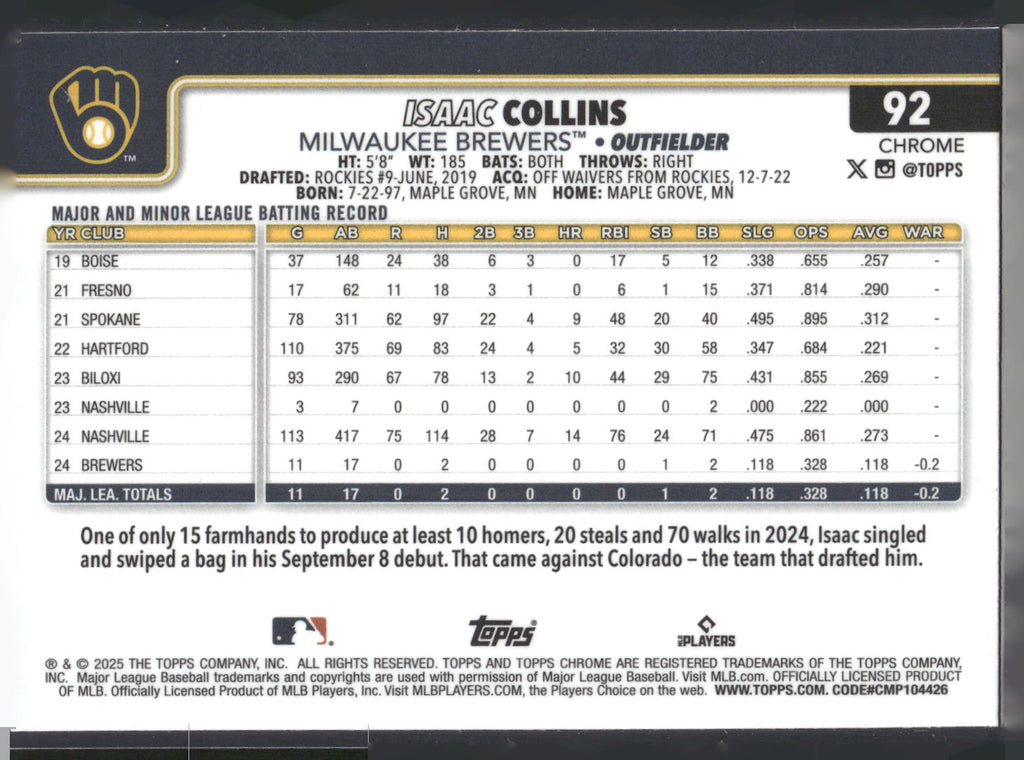 2025 Topps Chrome #92 Isaac Collins