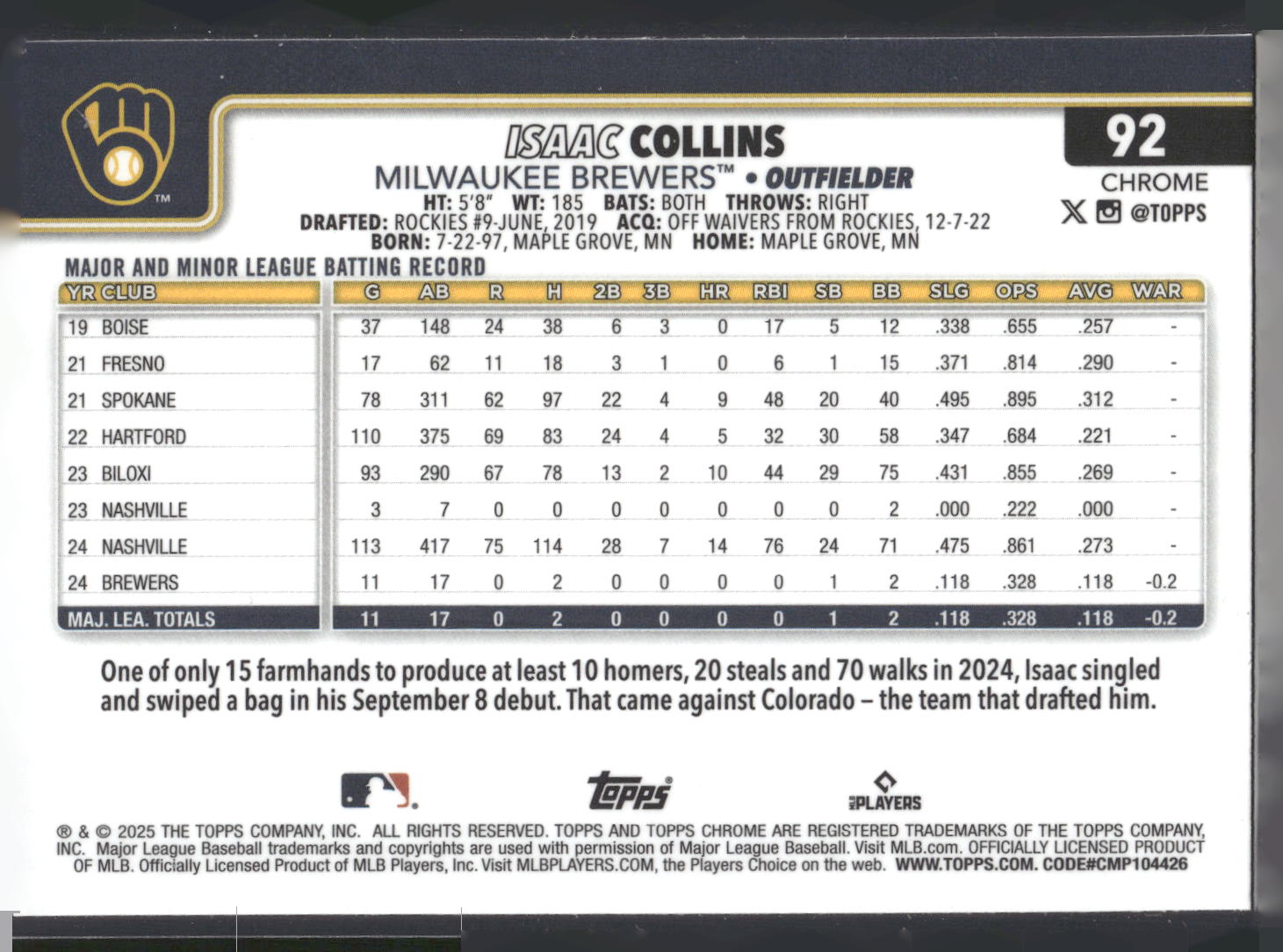 2025 Topps Chrome #92 Isaac Collins