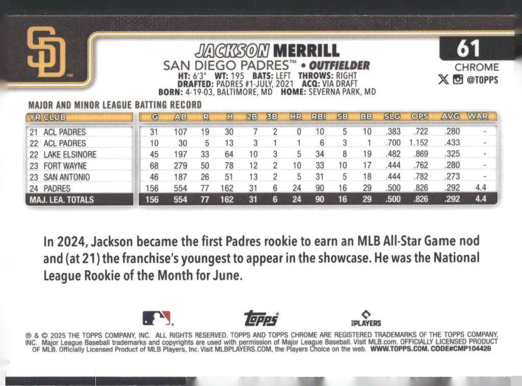 2025 Topps Chrome #61 Jackson Merrill