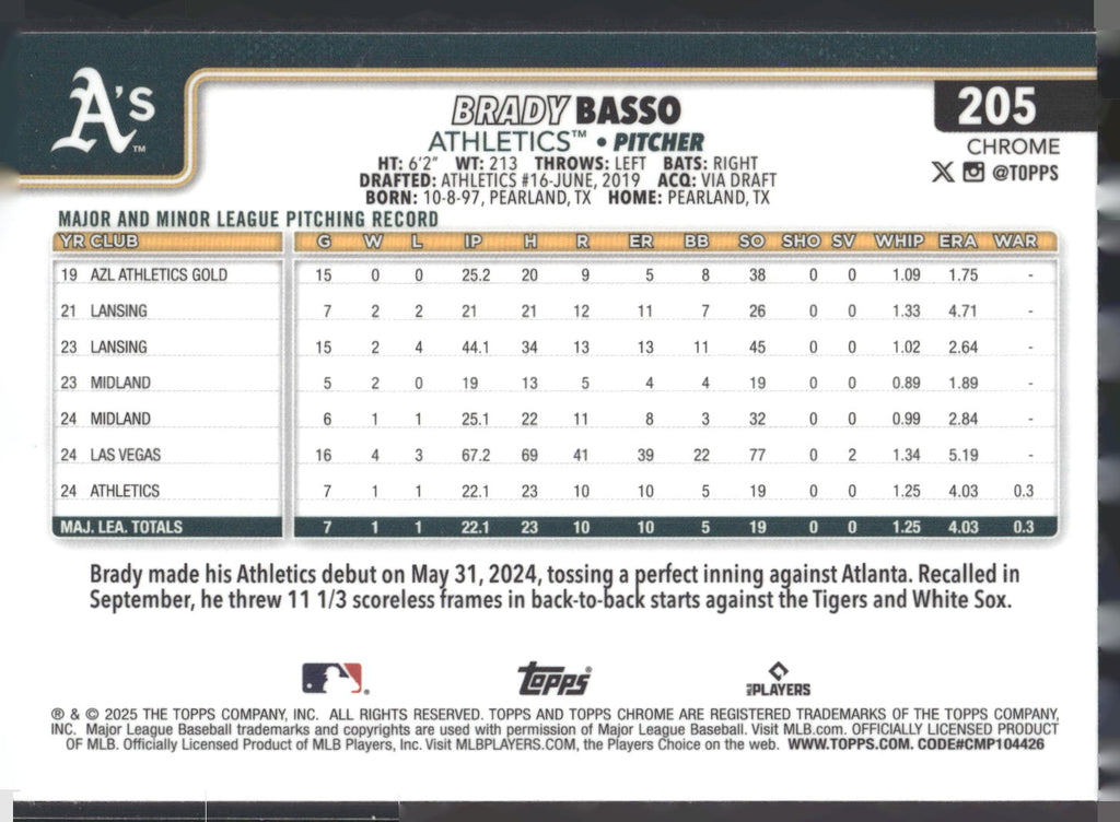 2025 Topps Chrome #205 Brady Basso