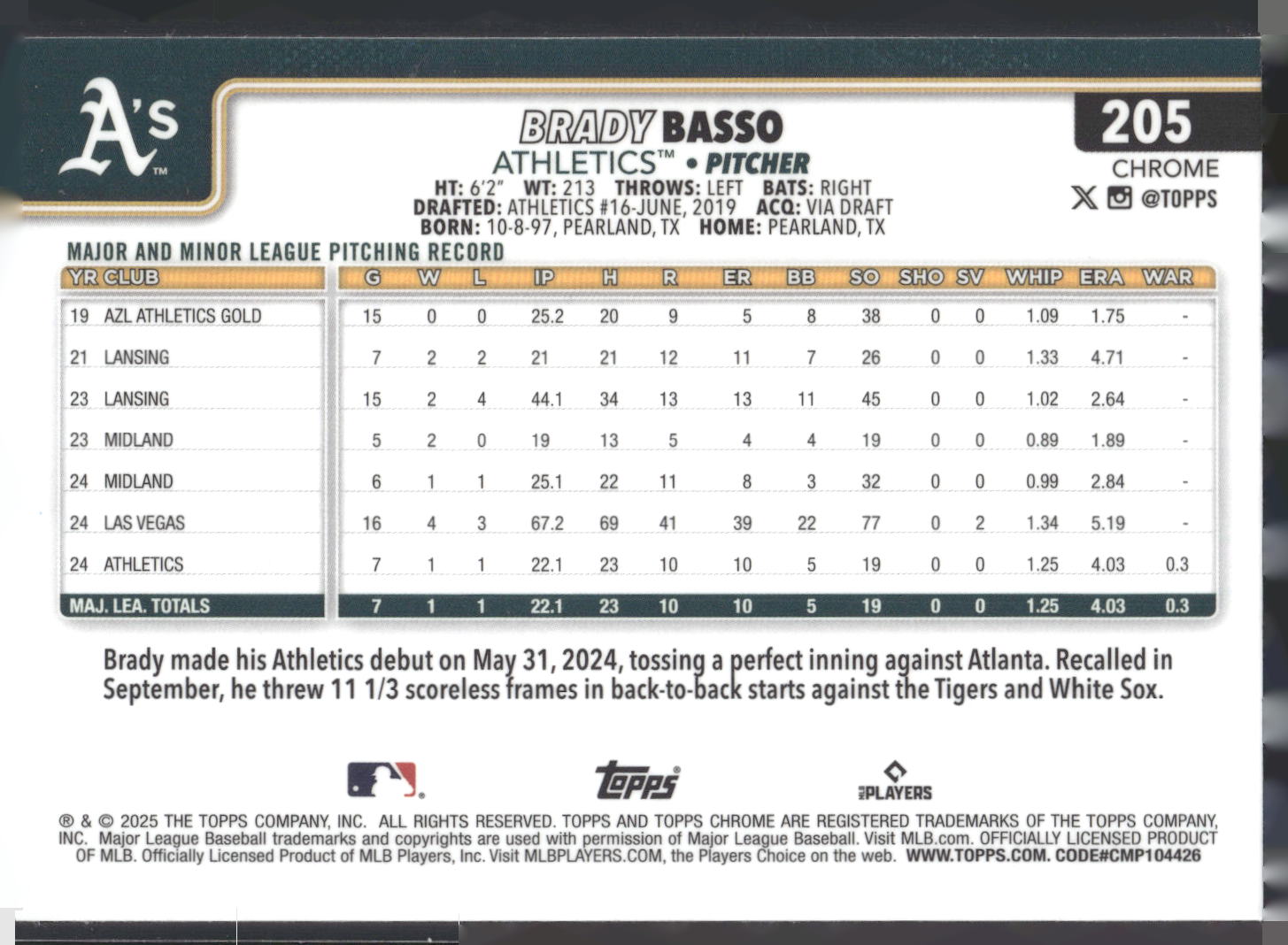 2025 Topps Chrome #205 Brady Basso