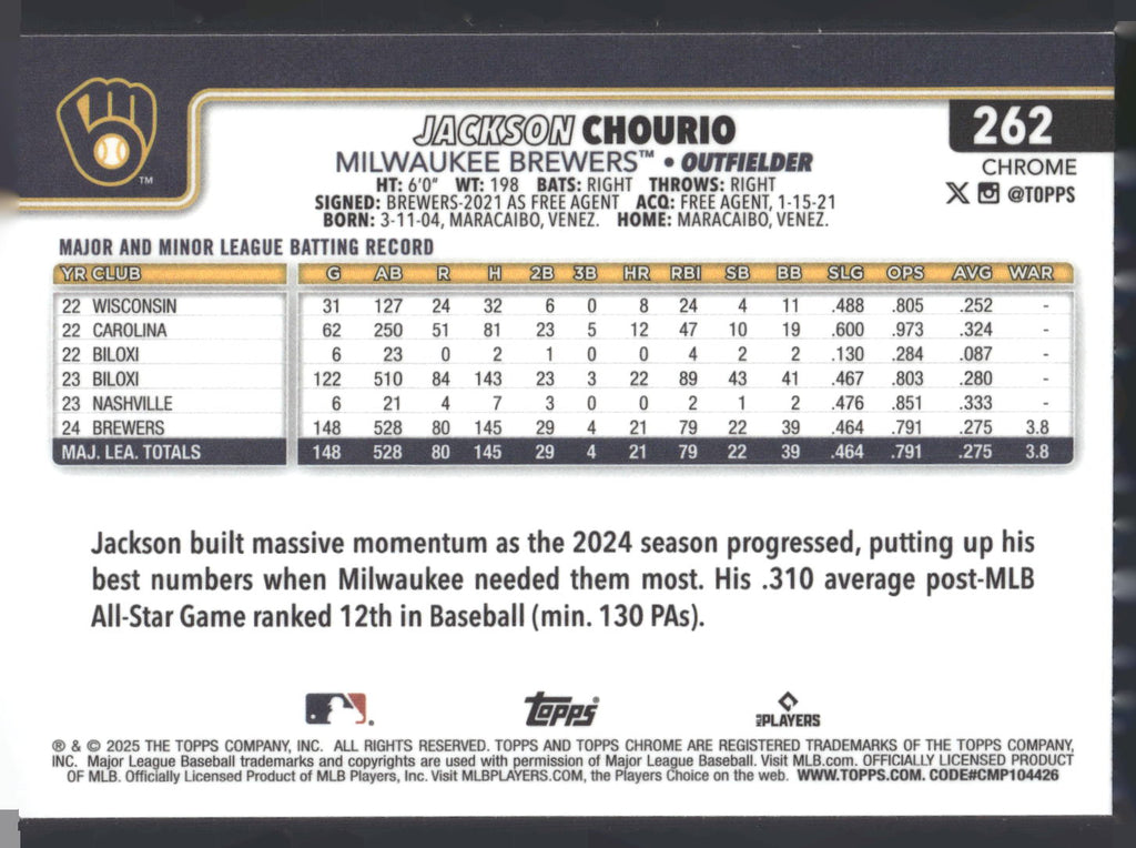 2025 Topps Chrome #262 Jackson Chourio