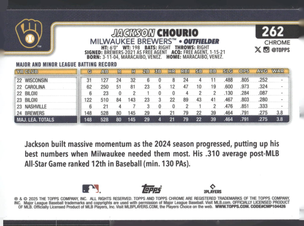 2025 Topps Chrome #262 Jackson Chourio