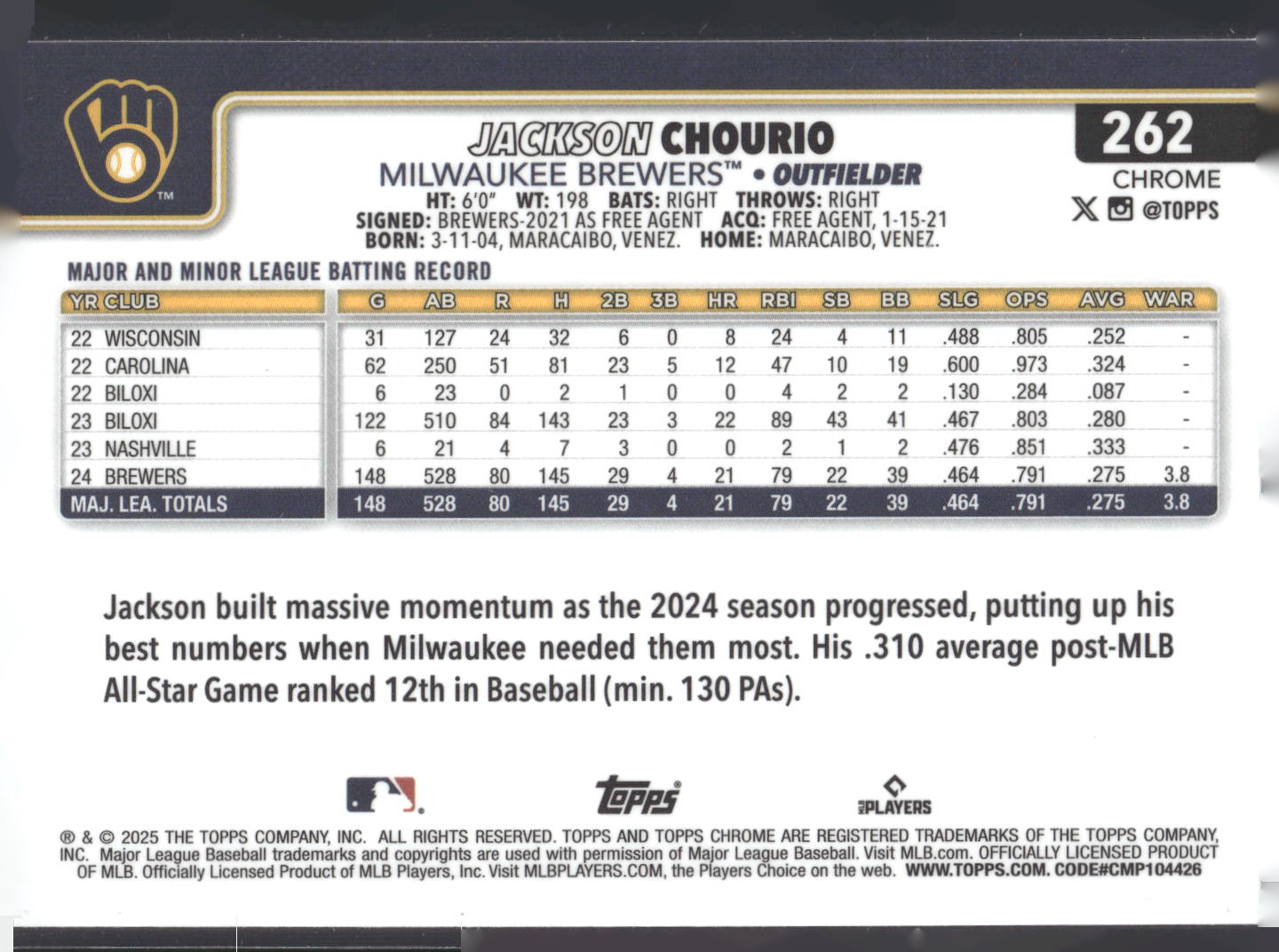 2025 Topps Chrome #262 Jackson Chourio