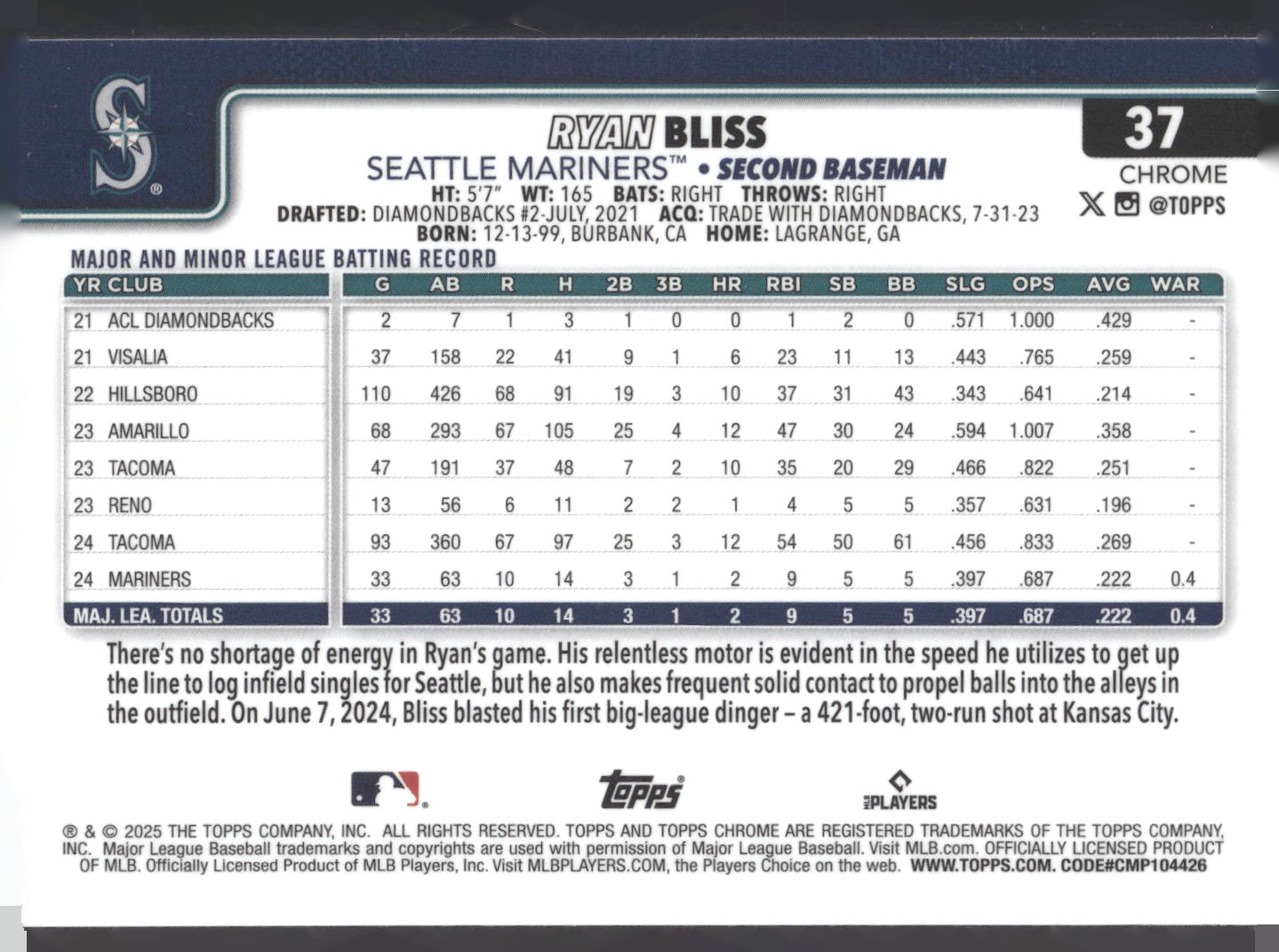 2025 Topps Chrome #37 Ryan Bliss