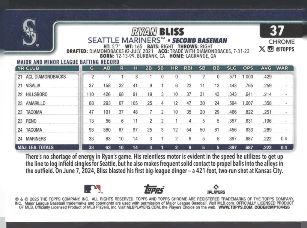 2025 Topps Chrome #37 Ryan Bliss