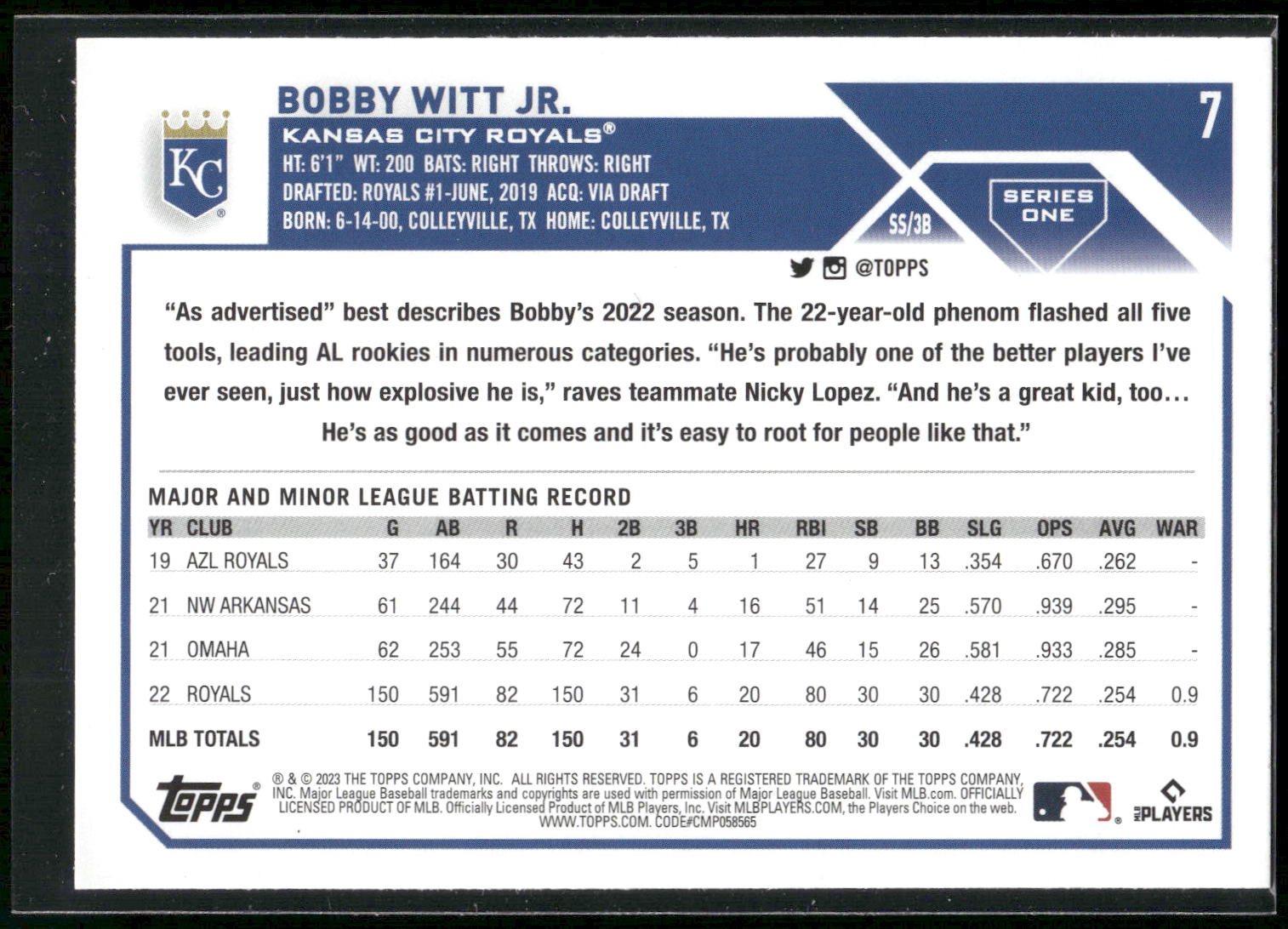 2023 Topps #7 Bobby Witt Jr.