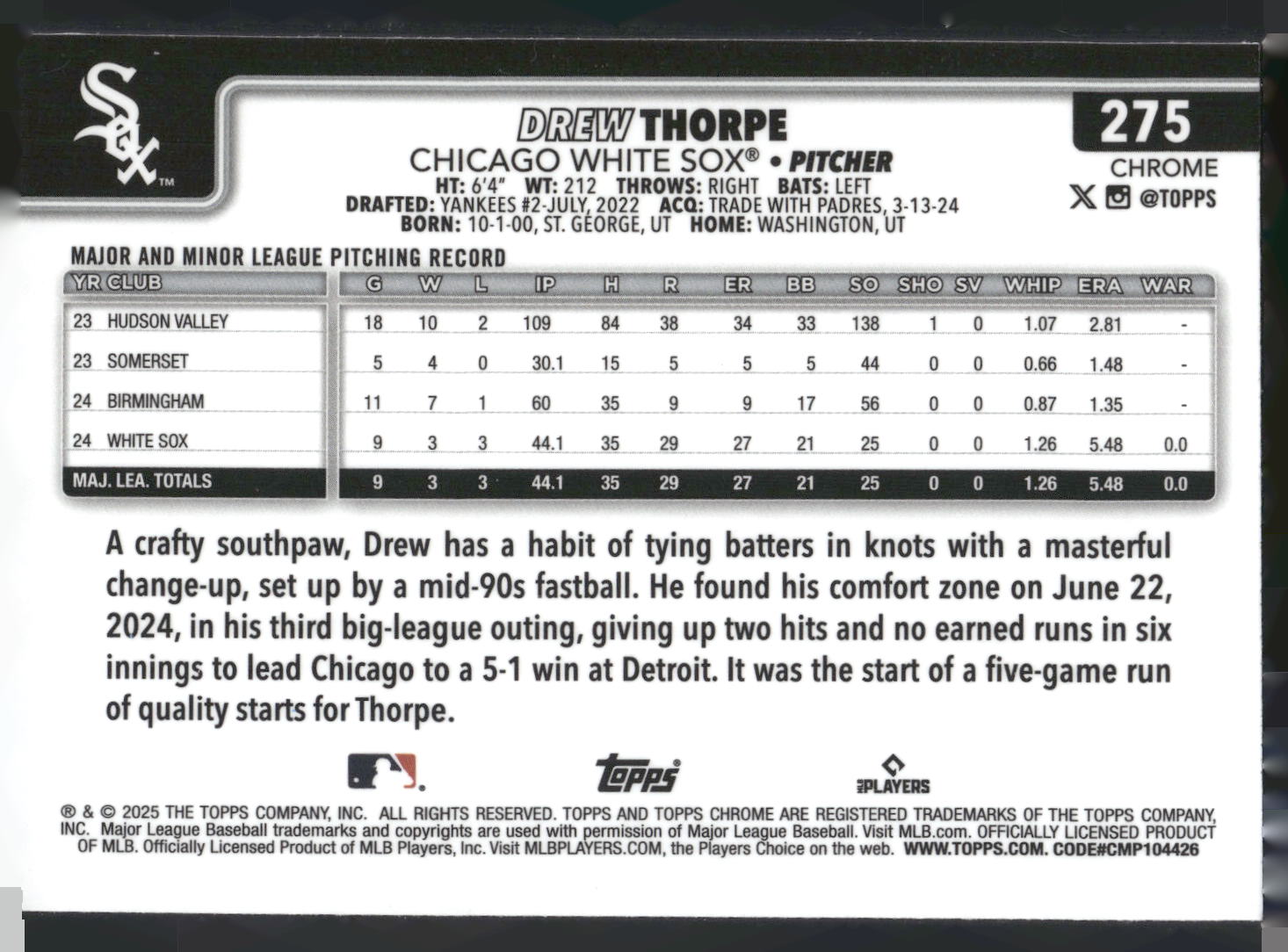 2025 Topps Chrome #275 Drew Thorpe
