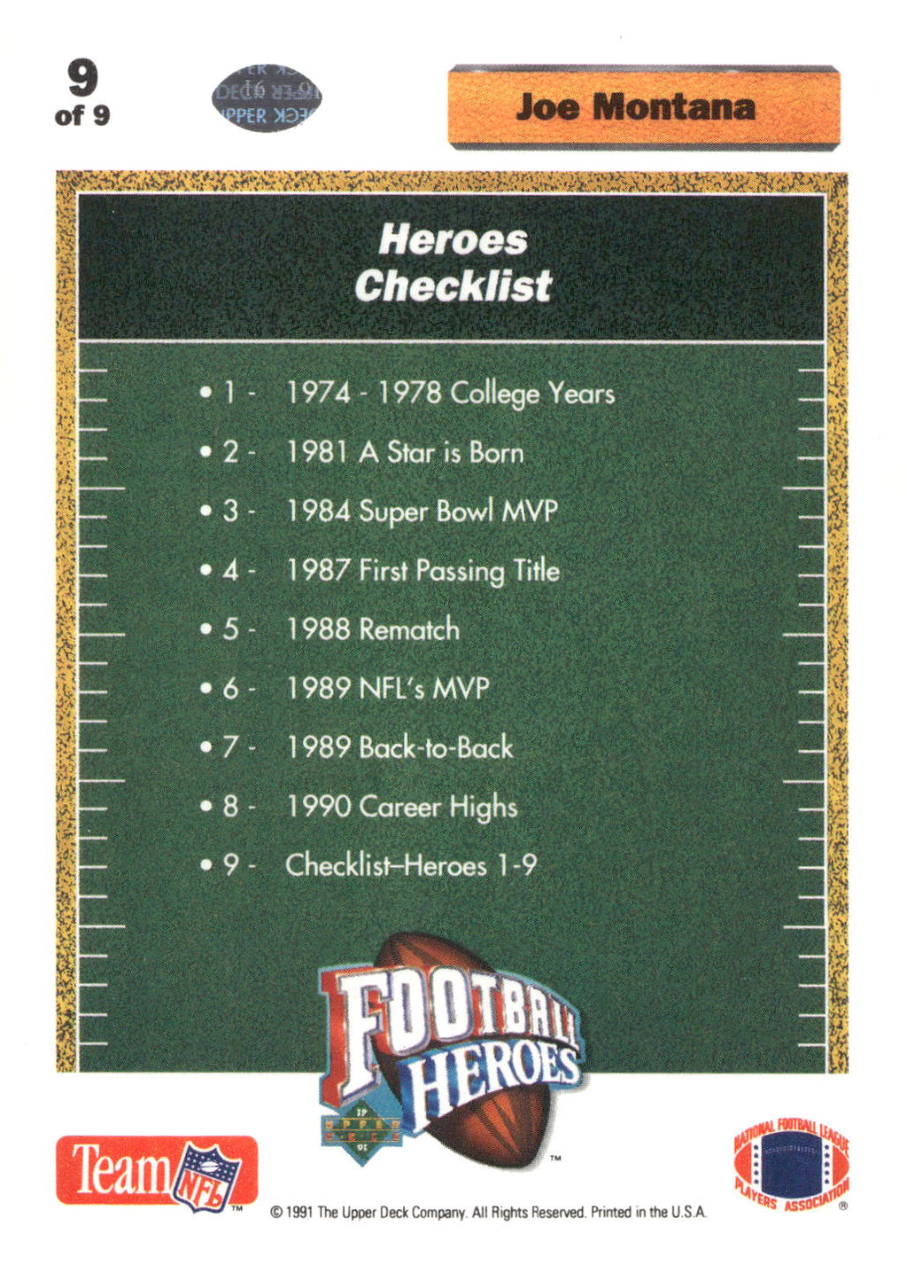 1991 Upper Deck #9 Joe Montana Football Heroes: Joe Montana