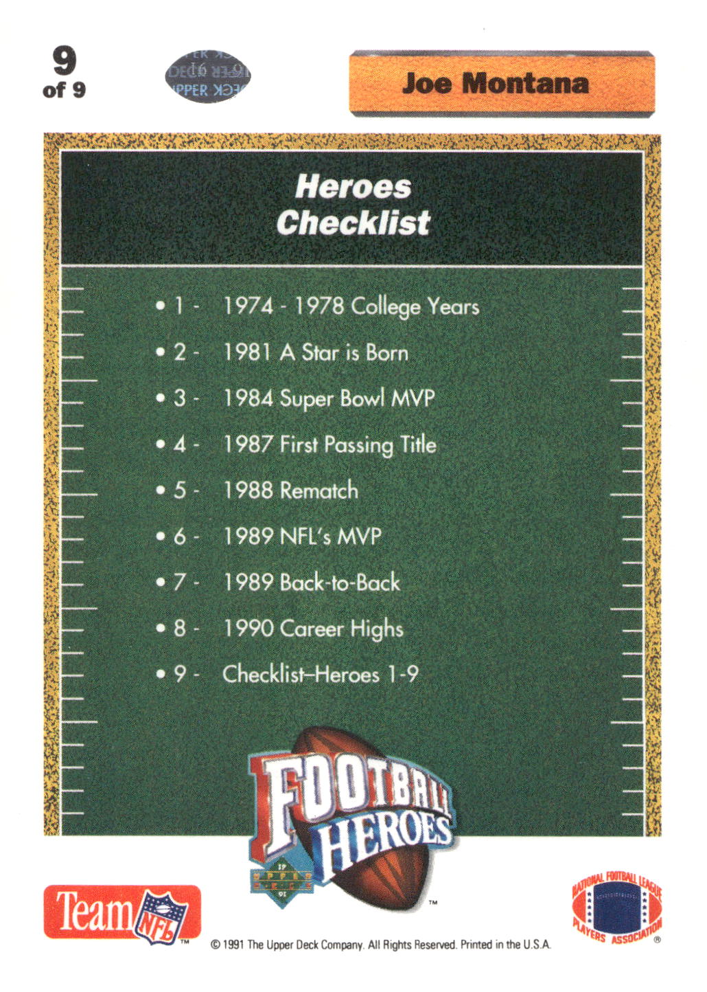 1991 Upper Deck #9 Joe Montana Football Heroes: Joe Montana