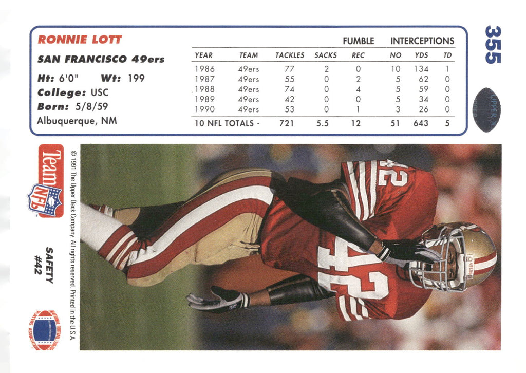 1991 Upper Deck #355 Ronnie Lott