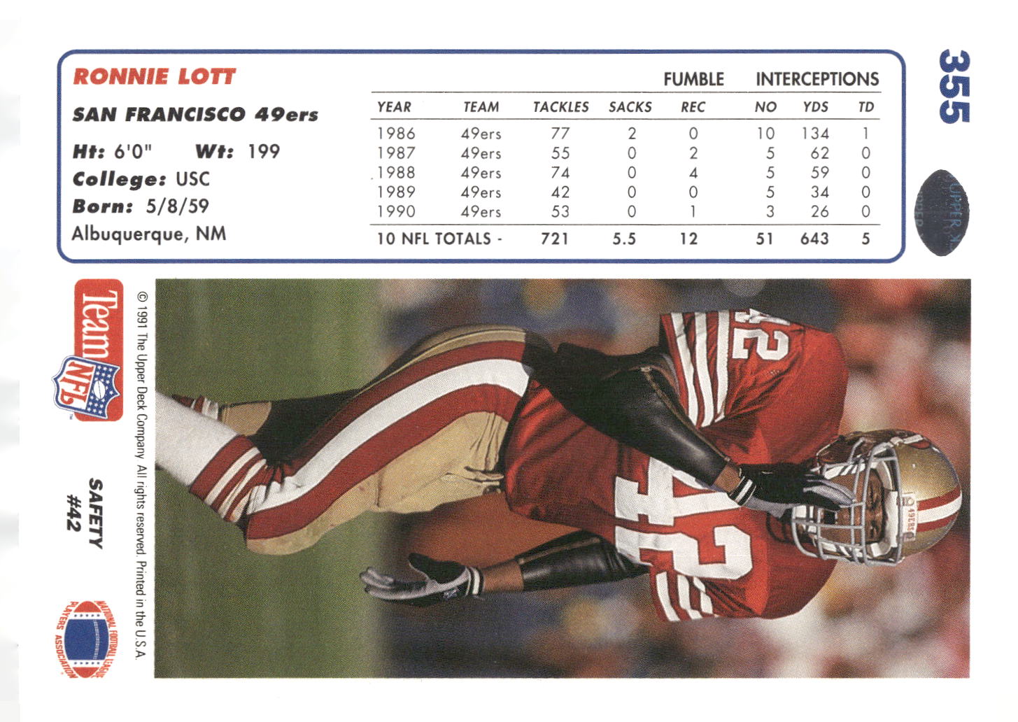 1991 Upper Deck #355 Ronnie Lott