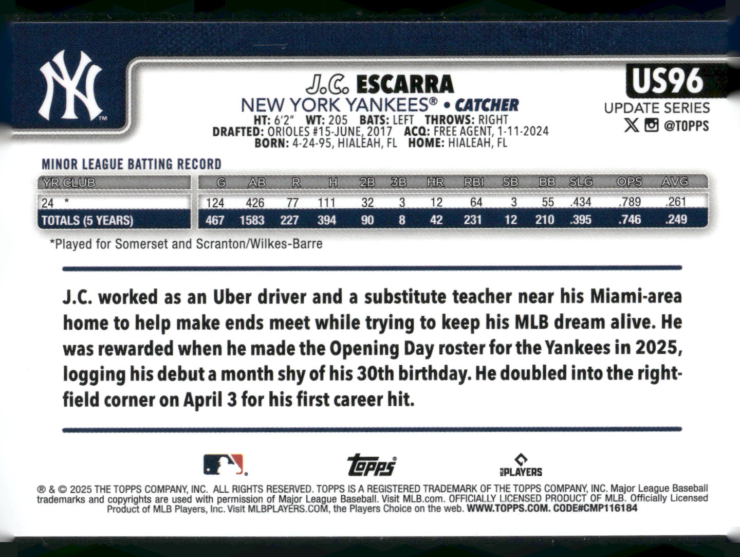 2025 Topps Update #US96 J.C. Escarra