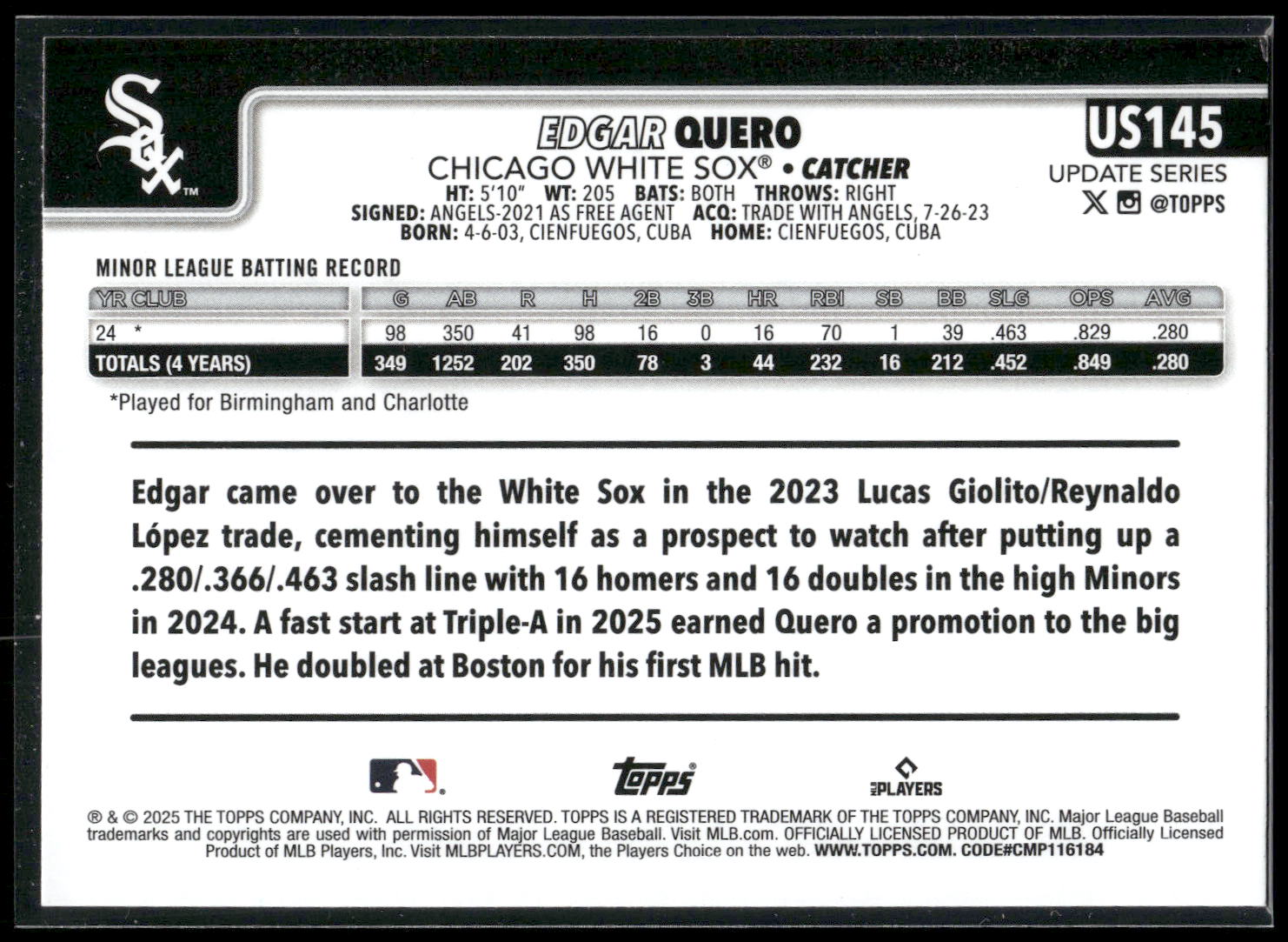 2025 Topps Update #US145 Edgar Quero