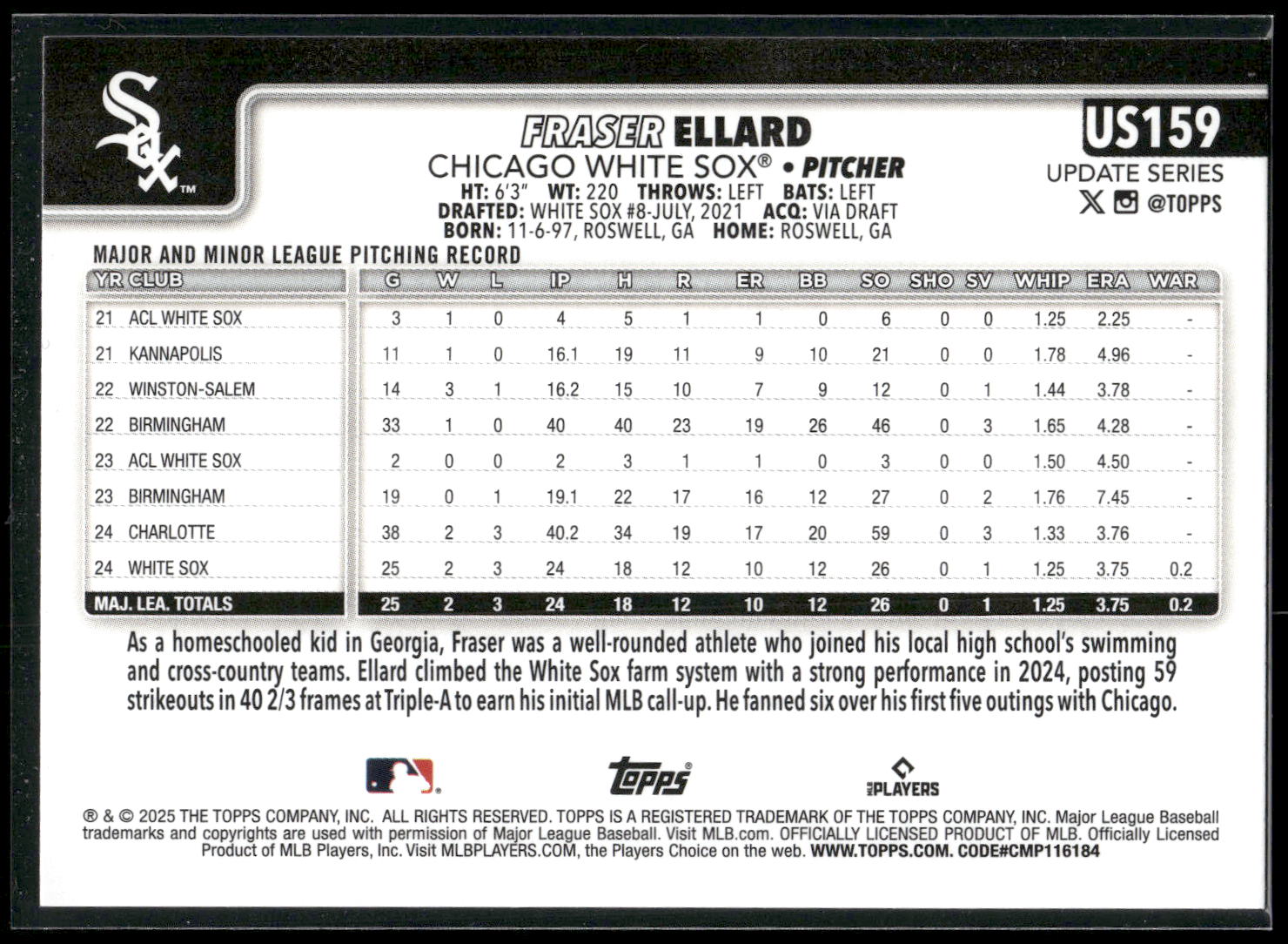 2025 Topps Update #US159 Fraser Ellard