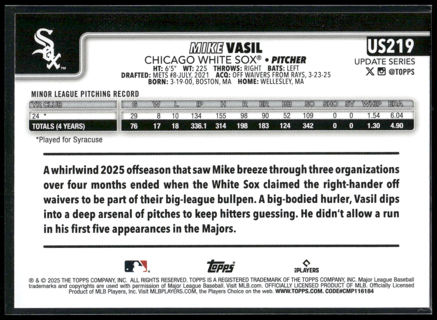 2025 Topps Update #US219 Mike Vasil