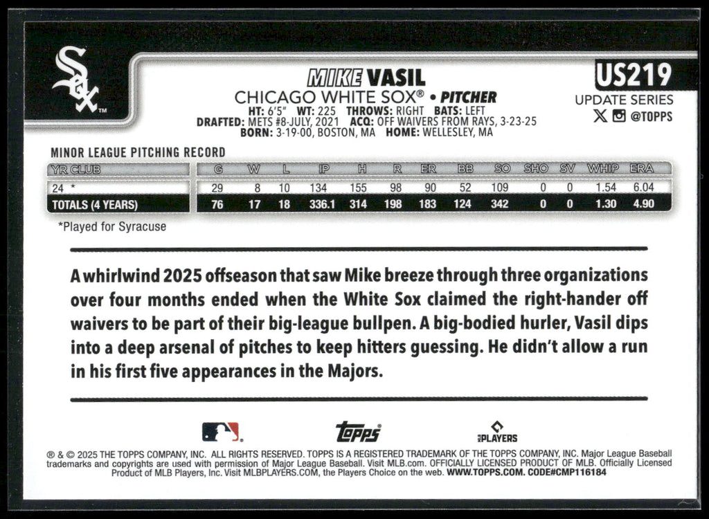 2025 Topps Update #US219 Mike Vasil